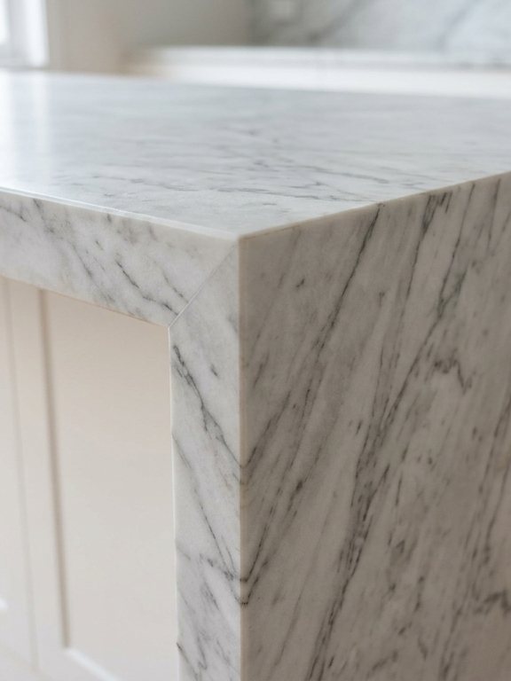 Close-up of a mitred waterfall corner on a white marble island