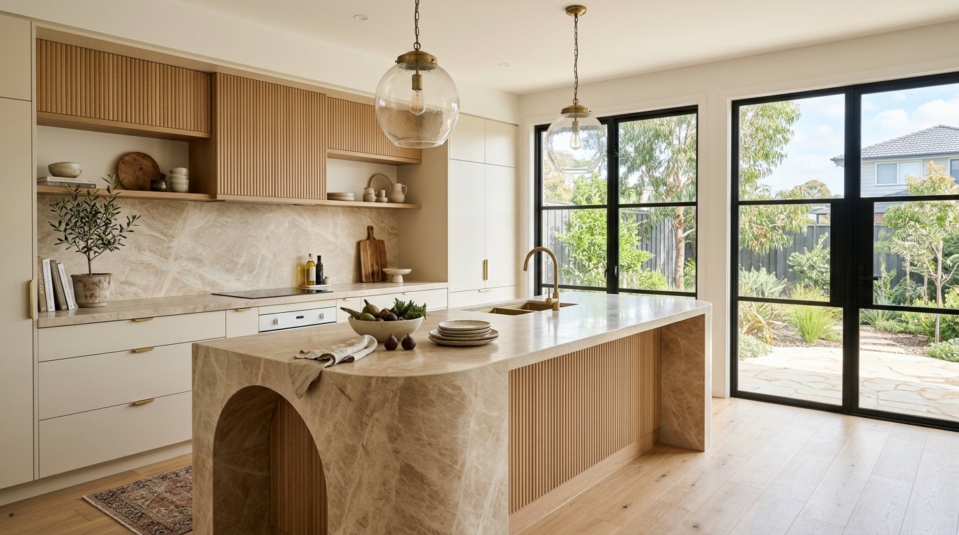 Kitchen with a beige stone island with an arched end