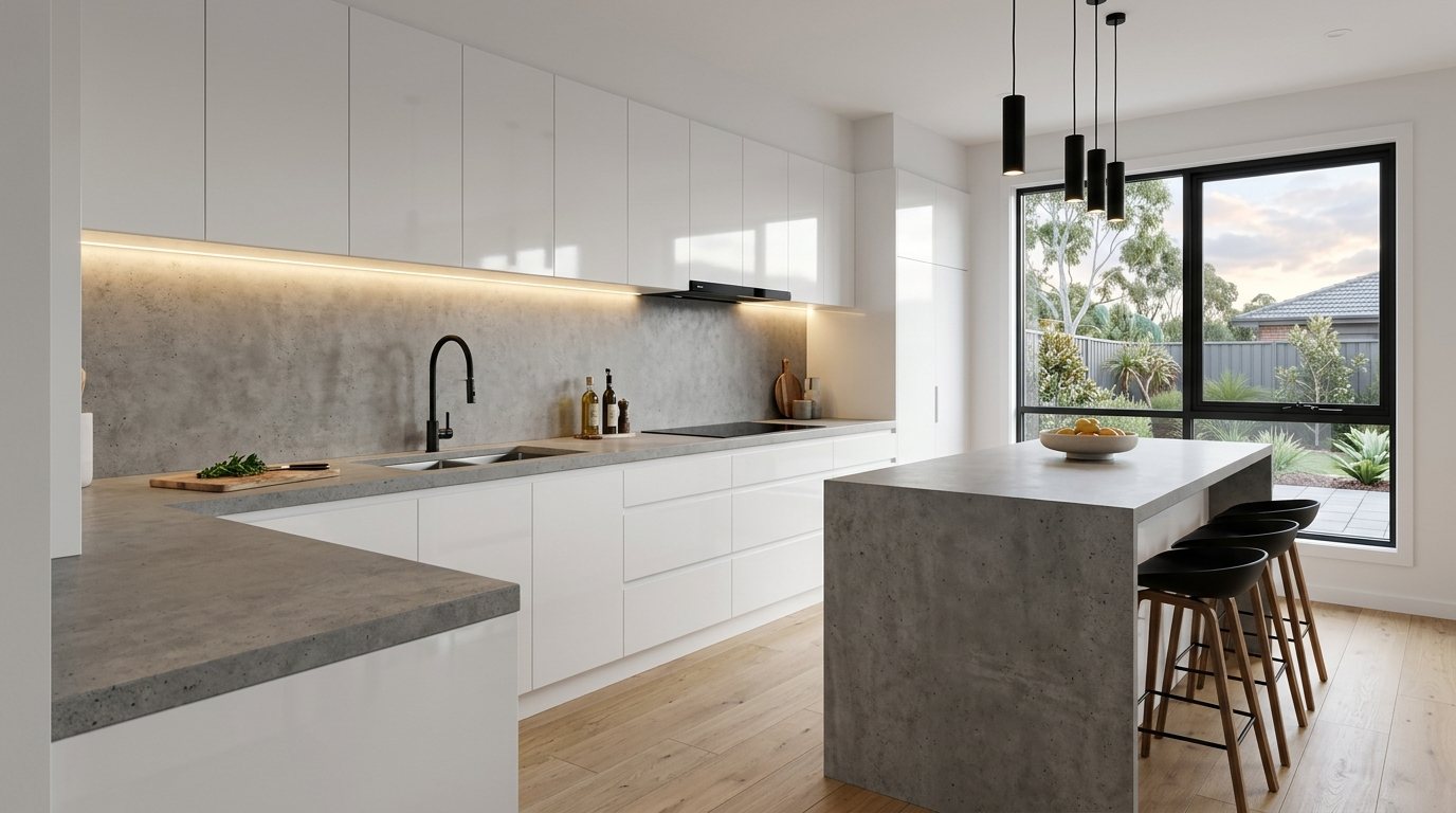 White kitchen with concrete-look stone benchtops and island