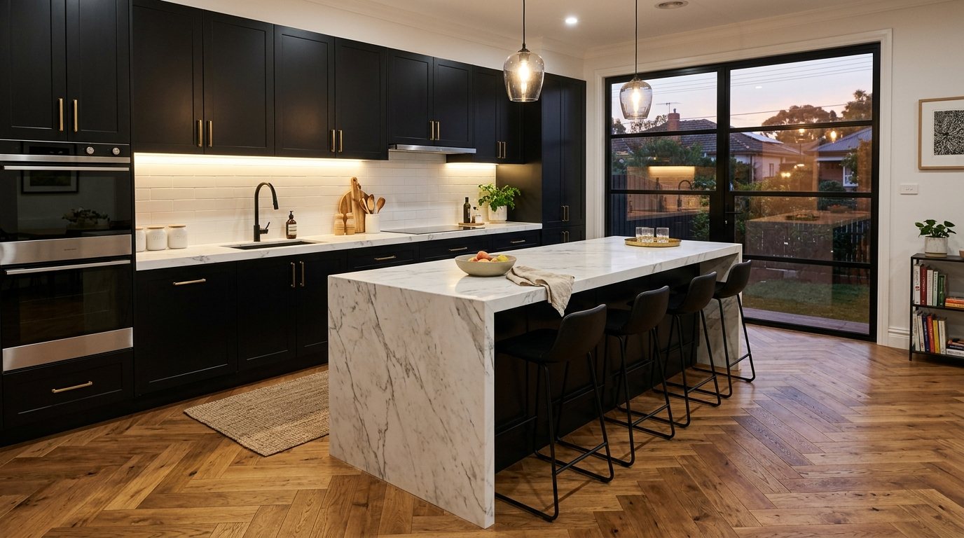 Dark shaker kitchen with a white marble waterfall island and herringbone floor