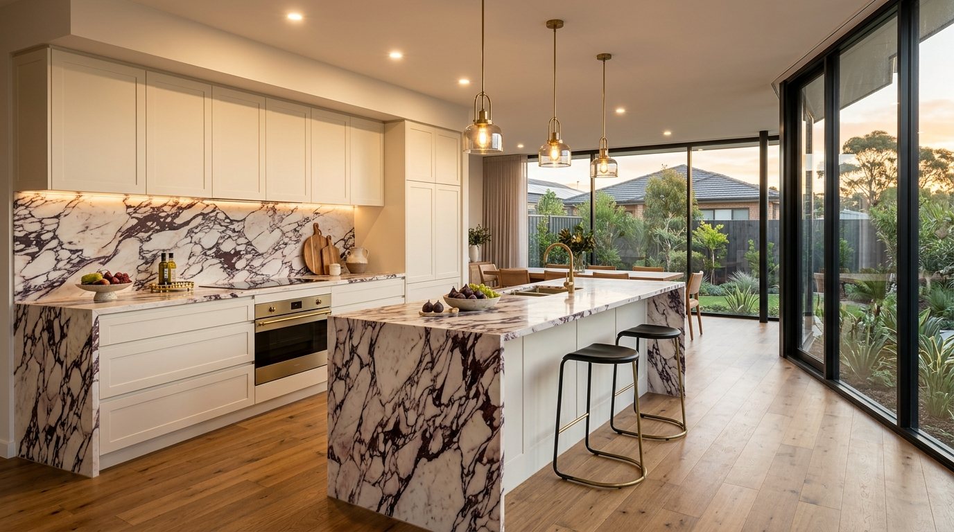 Kitchen with a purple-veined marble island and splashback