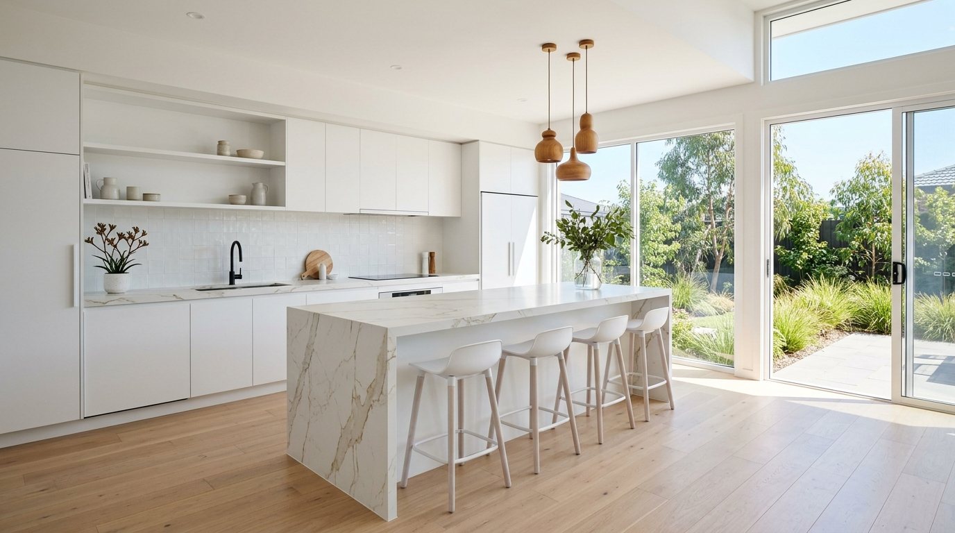Bright white kitchen with a veined stone waterfall island