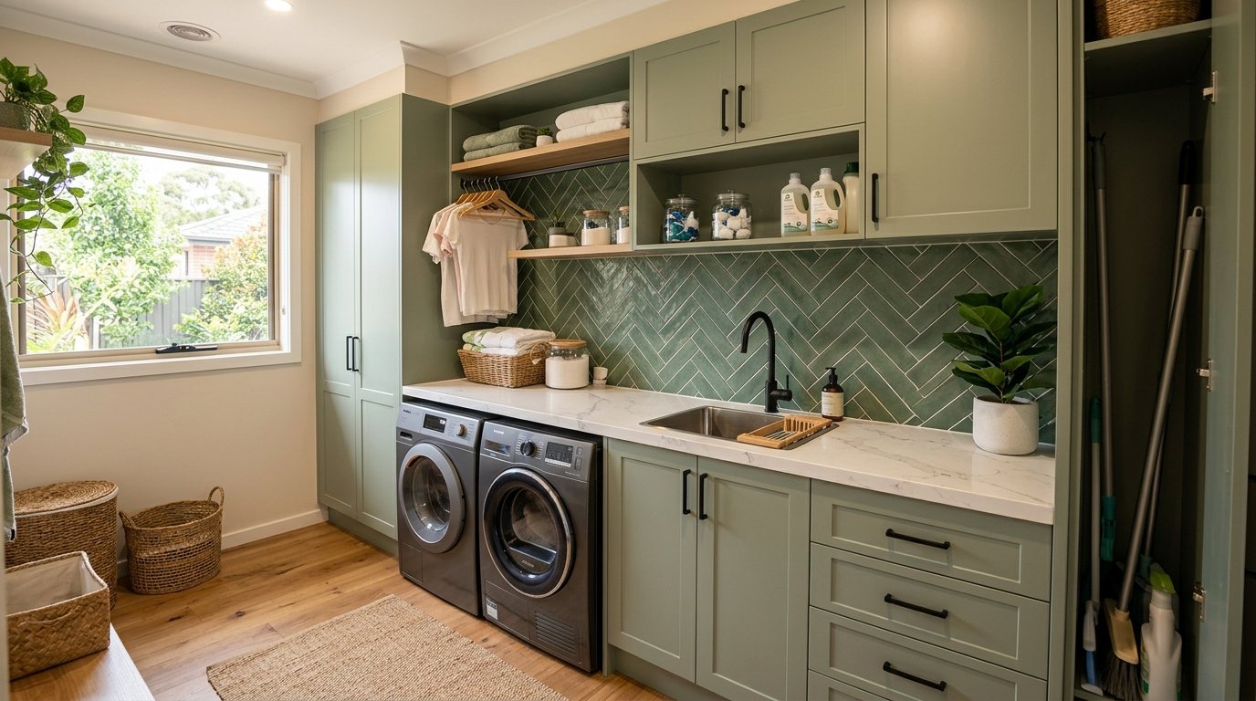 Laundry with a white stone benchtop and green herringbone tiles